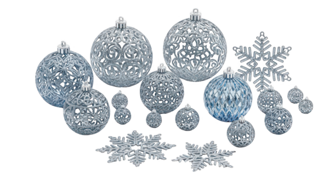 Collection of silver and blue glittery christmas ornament baubles isolated on transparent background - Powered by Adobe