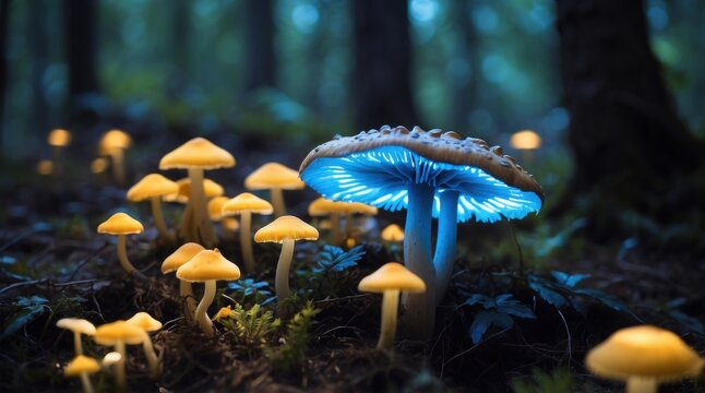 Magical glowing mushrooms illuminate a dark enchanted forest at night - Powered by Adobe