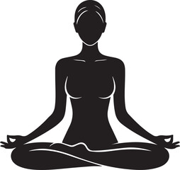 Black silhouette of a woman meditating in lotus pose with hands in mudra yoga meditation