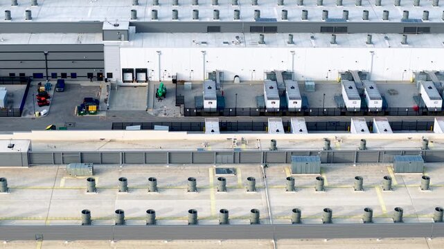 Top view of large data center with cooling towers and chillers in Dublin, Ohio.