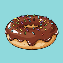 A cartoon illustration of a delicious chocolate frosted donut with colorful sprinkles on a light blue background.
