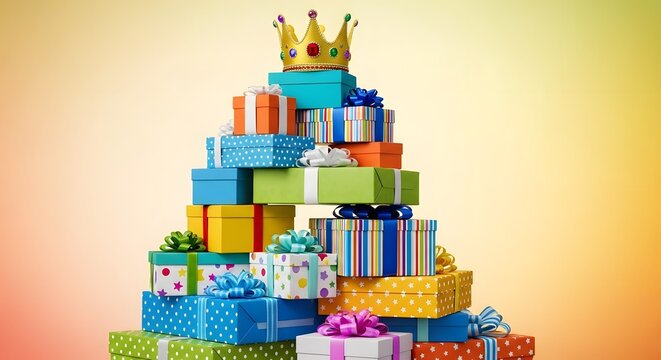 Colorful Gift Mountain Topped with Golden Crown