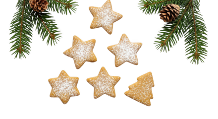 Star and tree shaped christmas cookie with powdered sugar isolated on transparent background