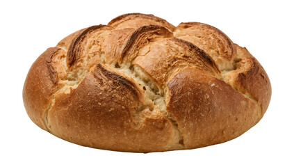 Freshly baked round artisan bread loaf with golden crust isolated on the transparent background, rustic homemade sourdough