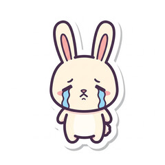Obraz premium soft and adorable kawaii bunny with a sad expression, drawn in a cute chibi style. The gentle pastel colors and teary eyes create a heart–touching emotional vibe. Perfect for stickers, journals, plann