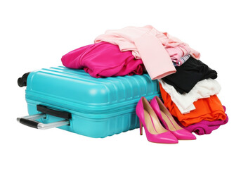 A bright blue suitcase overflowing with colorful clothing and pink high heel shoes, isolated on transparent background