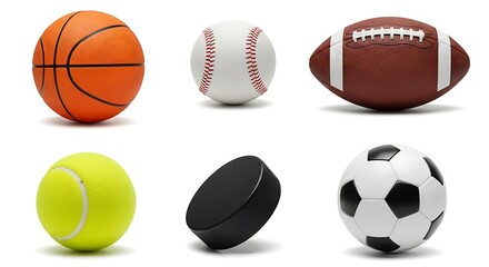 Basketball, baseball, football, tennis, soccer ball, hockey puck. diverse sports equipment collection, isolated on white studio background.