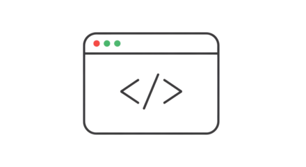 Simple line icon representing a web browser window displaying code tags, isolated on transparent background