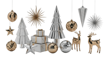 Collection of silver and gold christmas ornament decoration isolated on transparent background