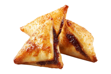 Briouat triangular fruit filled pastries, phyllo pastries filled with meat or almonds isolated on white transparent background, concept of Arabic sweet baked desserts