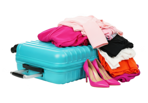 A bright blue suitcase overflowing with colorful clothing and pink high heel shoes, isolated on transparent background - Powered by Adobe