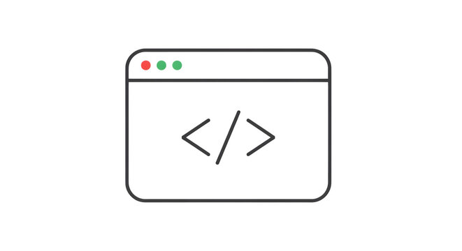 Simple line icon representing a web browser window displaying code tags, isolated on transparent background