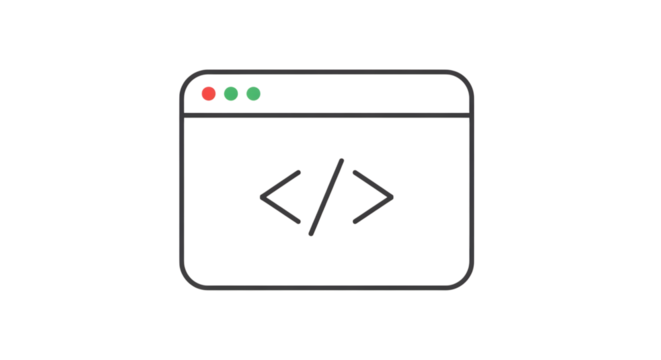 Simple line icon representing a web browser window displaying code tags, isolated on transparent background - Powered by Adobe