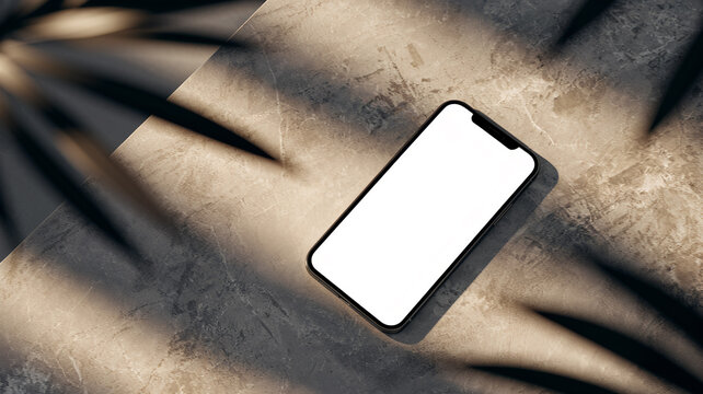 Stylish horizontal smartphone mockup with blank white screen on concrete surface and tropical shadows, ideal for app interface previews, website headers, social media banners and digital marketing.