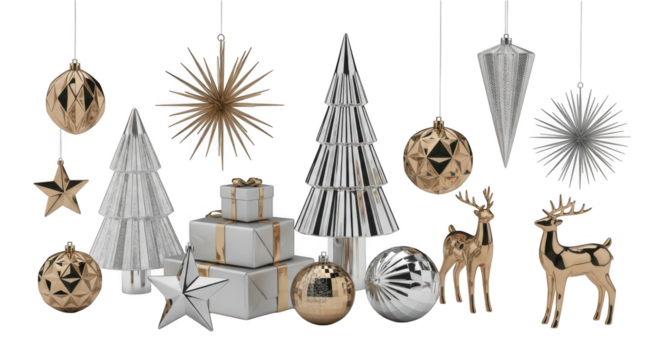 Collection of silver and gold christmas ornament decoration isolated on transparent background - Powered by Adobe