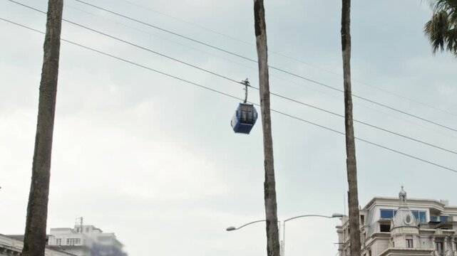 Blue aerial tramway gondola cabin hanging on steel cables against overcast sky, with tall palm tree trunks, power lines, and historic beige buildings with architectural details below.