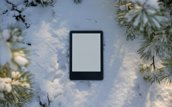 Top view of digital tablet with blank screen lying in fresh snow between pine branches, perfect winter mockup for holiday reading apps, ebooks, web banners and cozy seasonal marketing visuals.