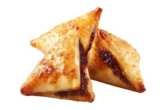 Briouat triangular fruit filled pastries, phyllo pastries filled with meat or almonds isolated on white transparent background, concept of Arabic sweet baked desserts