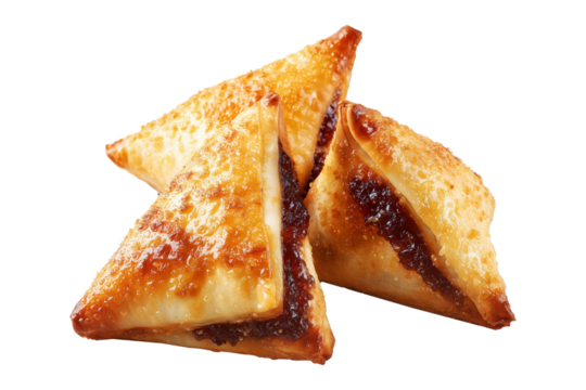 Briouat triangular fruit filled pastries, phyllo pastries filled with meat or almonds isolated on white transparent background, concept of Arabic sweet baked desserts