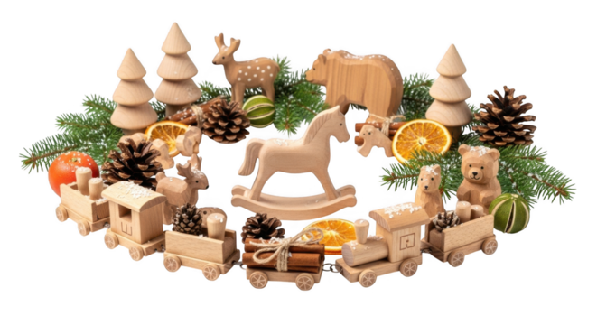 Wooden christmas toy set with pine branch and dried orange slice isolated on transparent background