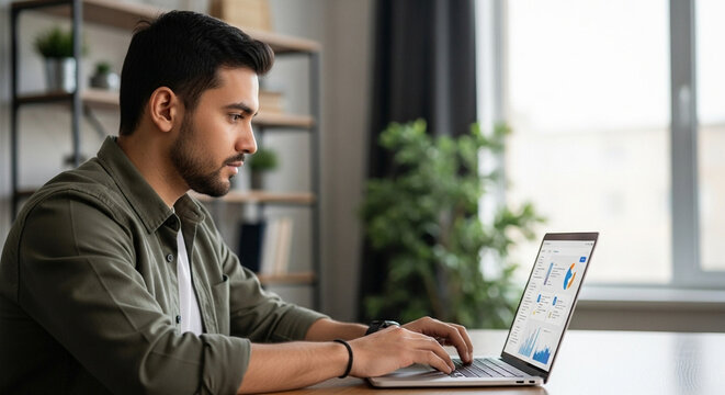 Muslim man working remotely on laptop in modern home office setting  