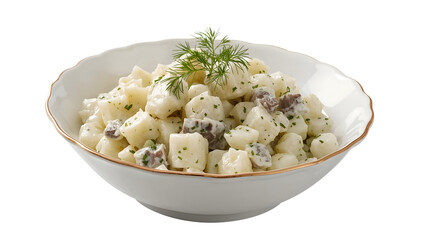 Traditional russian salad with herring, potatoes, herbs, and mayonnaise in white bowl on the transparent background