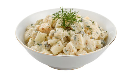 Classic creamy potato salad with fresh dill and herbs in a white bowl isolated on the transparent background