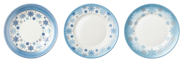 Set of winter-themed plates with blue snowflake patterns isolated on transparent background.