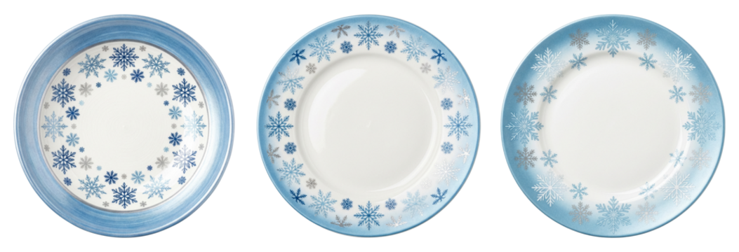 Set of winter-themed plates with blue snowflake patterns isolated on transparent background.