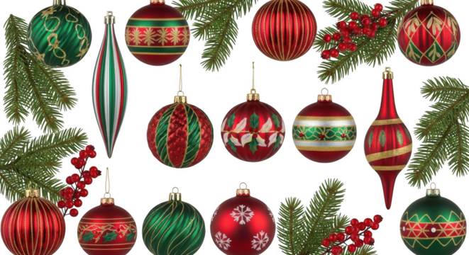 Collection of assorted red and green christmas holiday ornament baubles isolated on transparent background