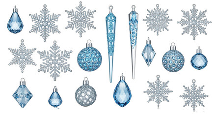 Collection of blue and silver glittery christmas ornament and snowflake decoration isolated on transparent background