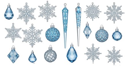 Collection of blue and silver glittery christmas ornament and snowflake decoration isolated on transparent background
