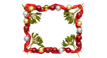 Christmas frame border made of red ribbon, ornament, and mistletoe isolated on transparent background
