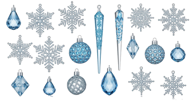 Collection of blue and silver glittery christmas ornament and snowflake decoration isolated on transparent background
