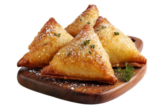 Briouat triangular fruit filled pastries, phyllo pastries filled with meat or almonds isolated on white transparent background, concept of Arabic sweet baked desserts