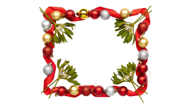 Christmas frame border made of red ribbon, ornament, and mistletoe isolated on transparent background