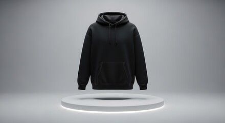 Black hoodie floating above a glowing ring on a grey background, showcasing modern apparel design and fashion