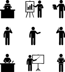 Business professionals in various work situations, including presentations and office tasks, depicted in a simple silhouette style