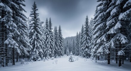 Snow covered evergreen forest winter landscape