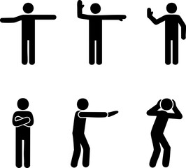 Collection of stick figure pictograms showing various human gestures, poses, and body language signals for communication concepts