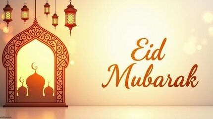 Beautiful eid mubarak greeting with mosque silhouette and lanterns