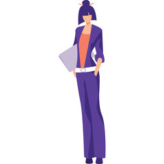 Modern Woman In Purple Business Suit Holding A Laptop With A Peach Colored Shirt And White Belt Isolated On A White Background With A Minimalist Pixelated Style
