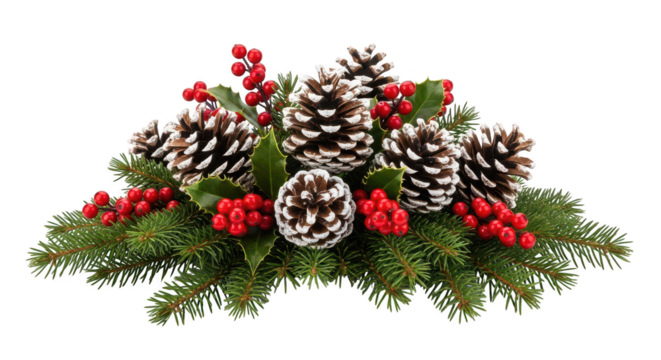 Christmas centerpiece decoration with pine cone and red berry isolated on transparent background