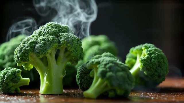 Fresh broccoli florets steaming in a video culinary preparation
