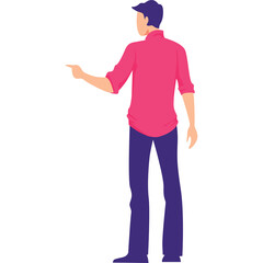 Man in Pink Button Down Shirt and Blue Jeans Pointing Forward with Left Hand Facing Away from Camera Against Transparent Background