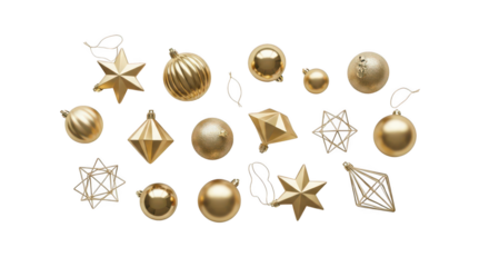 Collection of assorted shiny gold christmas ornaments isolated on transparent background