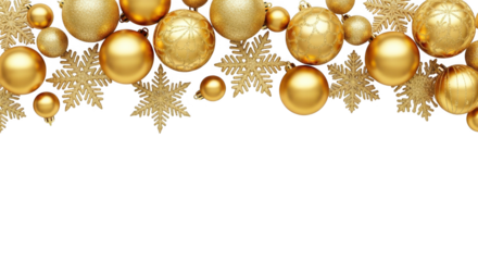 Golden christmas ornament and snowflake border isolated on transparent background