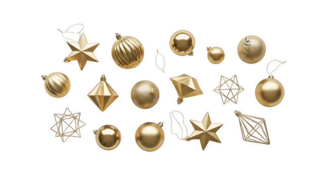 Collection of assorted shiny gold christmas ornaments isolated on transparent background - Powered by Adobe