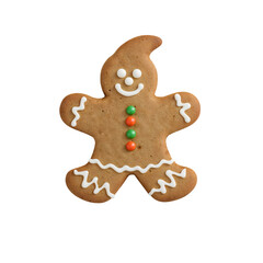 Smiling gingerbread man cookie with colorful icing decoration on the transparent background for christmas and holiday festive celebrations