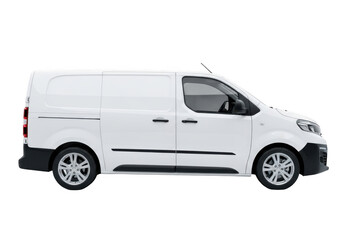 White panel van isolated on transparent background, side view of a modern commercial vehicle